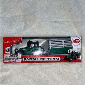 Farm life team by Dickie toys, green metal diecast tractor w/plastic trailer-new
